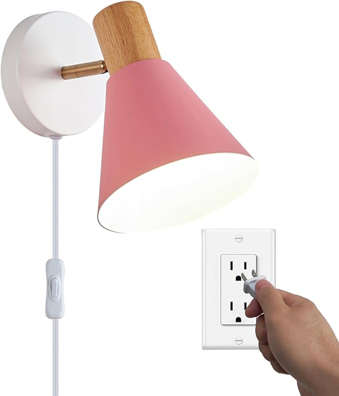 Plug in Wall Sconces Lighting Fixture, Wooden Adjustable Bedside Wall lamp