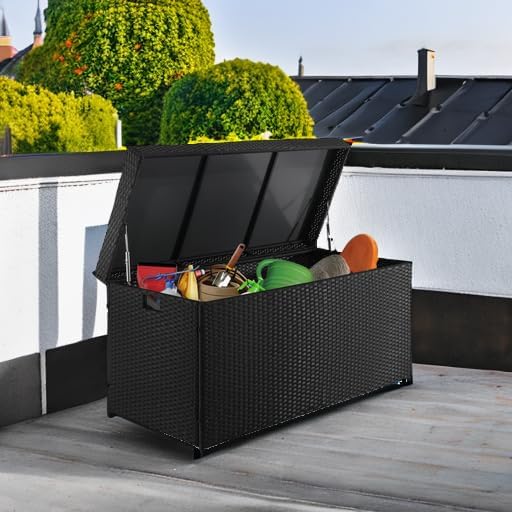 VINGLI Upgraded Version 132 Gallon Outdoor Storage Box, Patio Rattan Deck Box, Wicker Storage Bench for Indoor, Outdoor, Pool, Balcony, Yard, Garden, Black