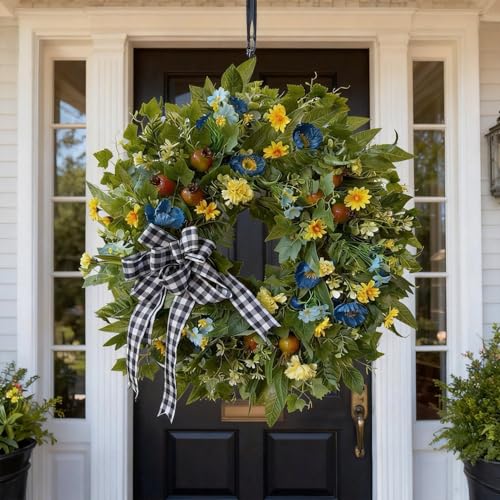 24 Inch Blue Yellow Summer Wreath for Front Door All Season Decor