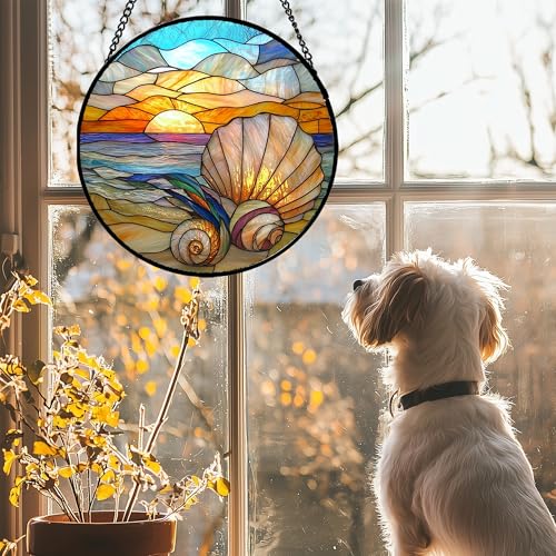 Ocean Stained Glass Window Hanging Suncatcher Beach Gifts for Women 6.3"