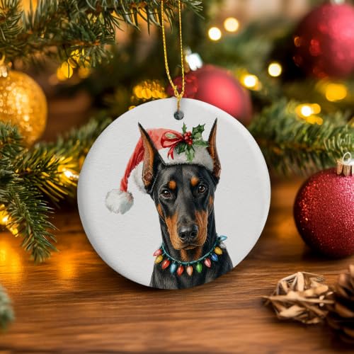 Santa Doberman Dog Christmas Ceramic Ornament