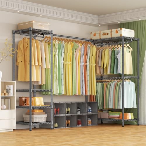 E10L L Shaped Clothes Rack for Corner（With Expandable Hanger Rod）Heavy Duty Freestanding Clothing Racks for Hanging Clothes