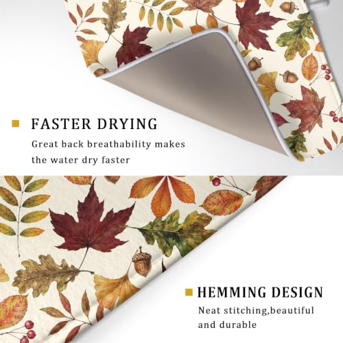 Fall Dish Drying Mat for Kitchen Counter Watercolor Autumn Leaves Festival Super Absorbent Reversible Microfiber Kitchen Countertop Protector Dishes Pad Large 18x24 inch