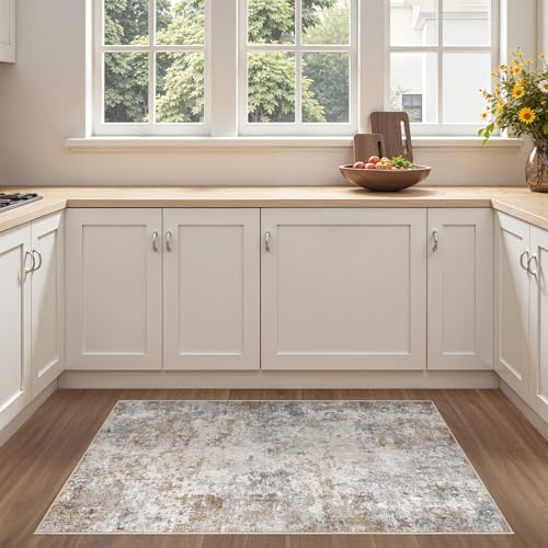 3x5 Entryway Area Rug Washable Neutral Brown Grey Small Carpet