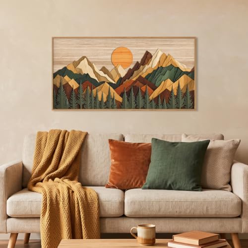 Boho Woodcut Style Mountain Framed Canvas Wall Art Set