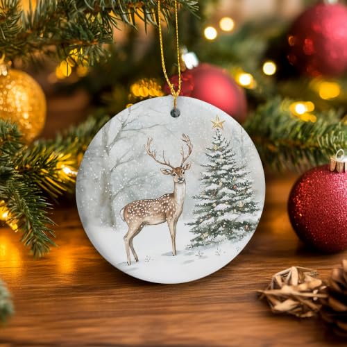 Rustic Winter Reindeer Xmas Tree Ceramic Ornament Gifts