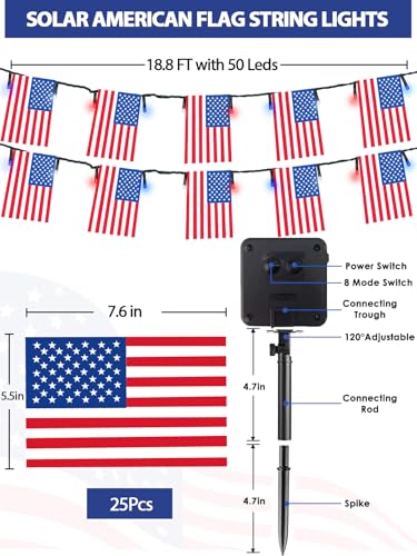 4th of July Decorations 2 Pack 100 LED Solar American Flag Lights Outdoor (2 Count)