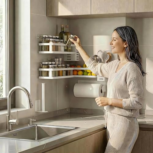 5-in-1 Shower Caddy & Kitchen Organizer Set, Wall Mount Wide Spice Rack with Paper Towel Holder, Utensil Holder, Soap Dish, Rustproof Mesh Baskets Hold 50LBS - White, Guardrail
