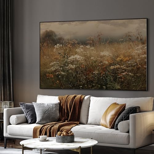 46"x72" Extra Large Framed Wall Art Autumn Meadow Landscape Rustic Brown and Golden Field Illustration for Home Living Room Bedroom Decor