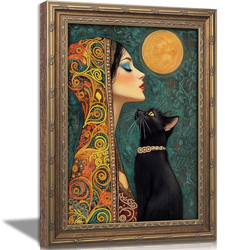 Vintage Gold Framed Boho Wall Art Moonlit Elegant Woman and Black Cat Painting Canvas Prints Gothic Dark Academia Moon Poster Bohemian Mystical Picture Artwork for Bedroom Living Room Home Décor