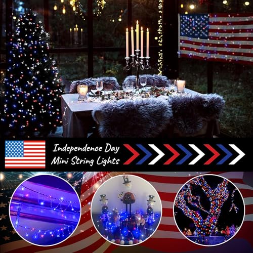 Patriotic Red White and Blue Fairy String Lights Battery Operated (33 Foot)
