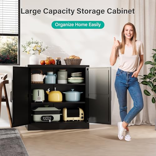 Black Storage Cabinet with Doors and Adjustable Shelves