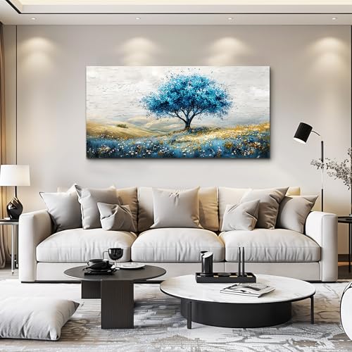 Large Canvas Wall Art For Living Room Wall Decoration For Bedroom Blue Tree Landscape Painting Office Farmhouse Printing Wall Pictures Artwork Restaurant Home Decor Ready To Hang 20x40 In