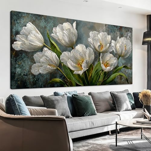 Oversized Canvas Wall Art Decor White Tulip Flower Canvas Art Wall Decor For Living Room Modern Floral Botanical Wall Art Prints Elegant Nature Flower Wall Art For Bedroom Home Office Decor 29"×58"