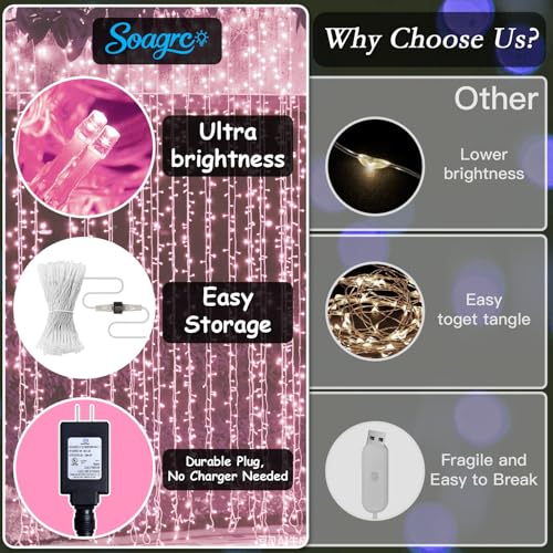 200 LED Pink Curtain String Lights 9.8x6.6FT