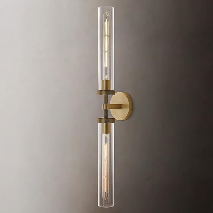 Brass Gold 2-Light Knurled Wall Sconces, 30in Double Glass Sconces Wall Lighting