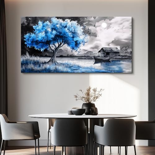 Large Wall Art For Living Room Blue Wall Decor For Bedroom Black White And Blue Trees Wall Pictures Restaurant Office Frame Printing Canvas Large Artwork Modern Home Decoration 30x60 in