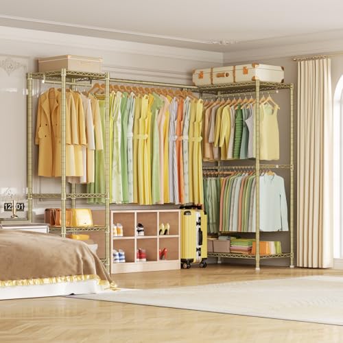 E10L L Shaped Clothes Rack for Corner（With Expandable Hanger Rod）Heavy Duty Freestanding Clothing Racks for Hanging Clothes