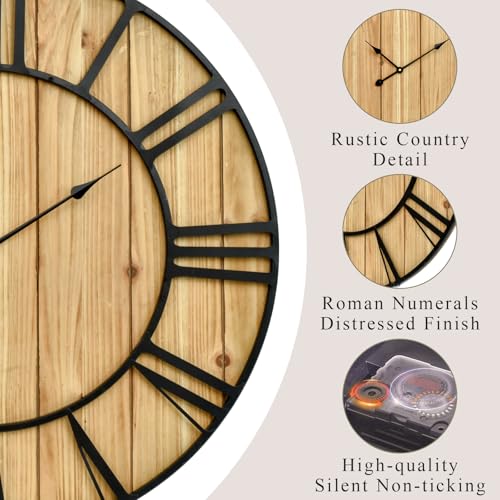 Large Farmhouse Wall Clock 30 Inch Vintage Brown Wooden Wall Clock with Quiet Ticking and Minimalist Roman Numerals for Bedroom Living Room Office Kitchen Home Decor