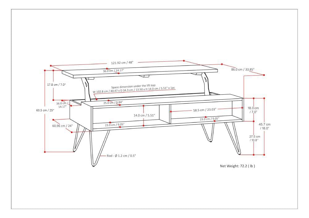 Hunter SOLID MANGO WOOD and Metal 48 inch Wide Rectangle Industrial Lift Top Coffee Table in Ebony for the Living Room and Family Room