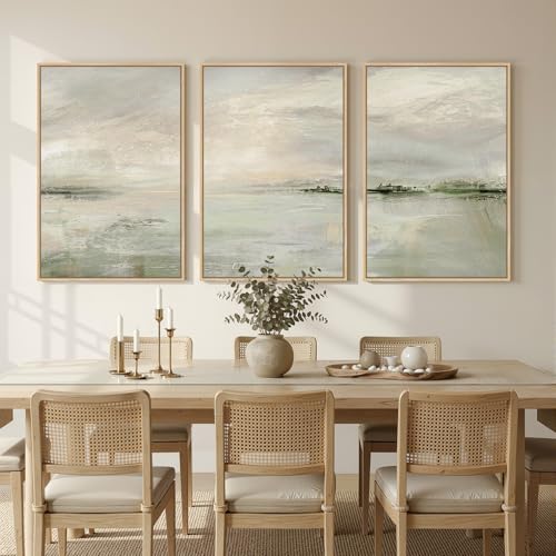 Large Framed Sage Green Abstract Landscape Wall Art for Living Room (3 Count)