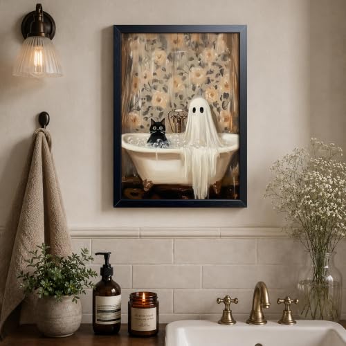 Funny Black Cat Bathroom Wall Art Framed Canvas Print