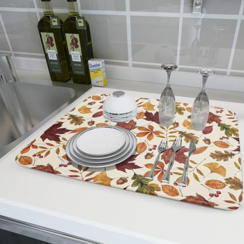 Fall Dish Drying Mat for Kitchen Counter Watercolor Autumn Leaves Festival Super Absorbent Reversible Microfiber Kitchen Countertop Protector Dishes Pad Large 18x24 inch