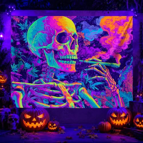 Blacklight Tapestry Smoking Skeleton UV Backdrop 78 x 59 Inch