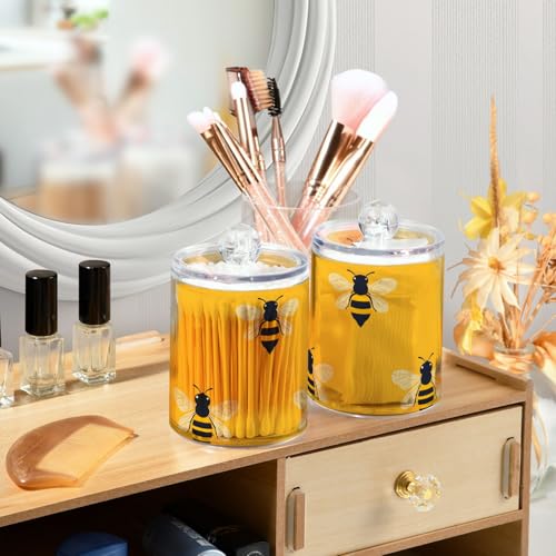2 Pack Qtip Holder Organizer Dispenser Bees Yellow Pattern Bathroom Storage Canister Cotton Ball Holder Container for Cotton Pads (2 Count)