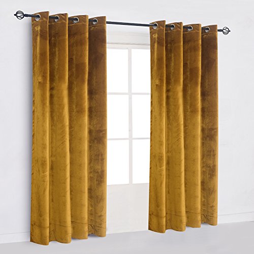 Super Soft Luxury Velvet Warm Yellow Blackout Velvet Energy Efficient Grommet Curtain Panel Drapes Ginger Mustard Curtain Panels 52Wx72L