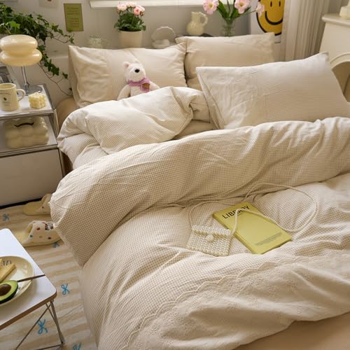 Tan Gingham Comforter Set King Romantic Lace Bedding Beige Plaid Comforter Set Vintage Grid Checkered Pattern Comforter with 2 Pillowcases Farmhouse Taupe Plaid Gingham Bedding Set