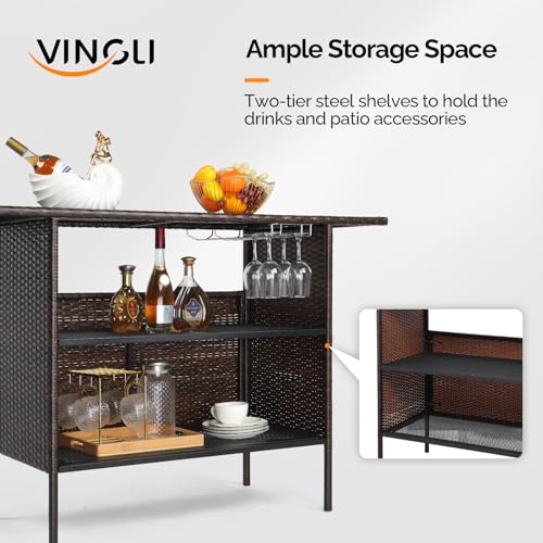 Wicker Outdoor Bar Table with 2 Steel Shelves