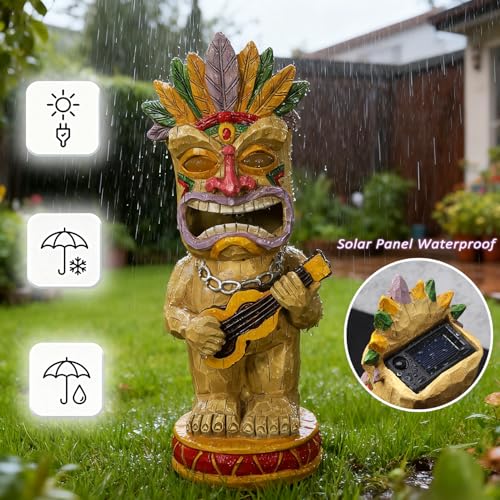 Solar Tiki Garden Statue with LED Eyes Outdoor Resin Ukulele Player Yard Decor Solar Light Hawaiian Style Lawn Ornament for Patio Porch Tiki Bar Decor Best Gift for Tiki Lovers