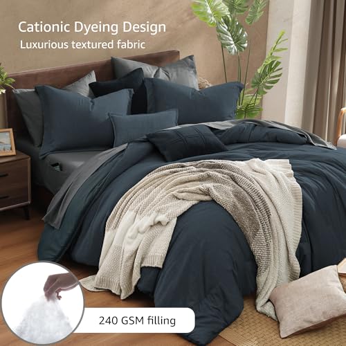 Queen Comforter Set 7 Pieces Navy Blue Cationic Dyeing Bed in a Bag