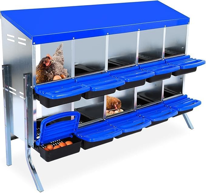 Chicken Nesting Box, 10-Compartment Egg Laying Box, Convenient for Collecting Eggs, Ventilated Poultry House Equipment in Metal Chicken Coop, Suitable for Hens and Ducks, (Blue, with Stand)