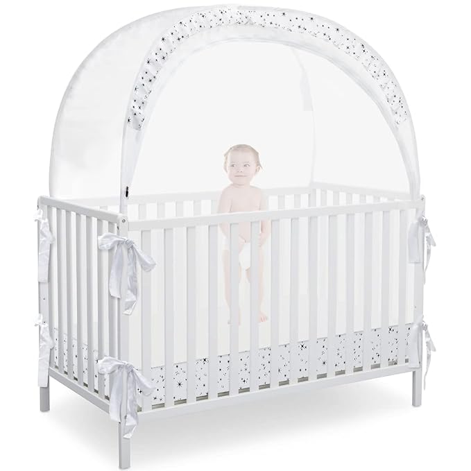Baby Pop Up Crib Tent, Crib Net to Keep Baby from Climbing Out, Crib Canopy Cover Against Falling and Bites, Strong Frame & Soft Breathable Mesh, White+stars