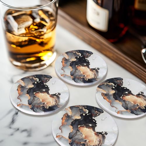 6 Pcs Black Marble Abstract Ceramic Coasters with Holder for Coffee Table (6 Count)