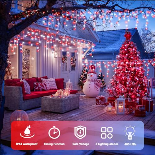 400 LED 38.8 Ft Red and White Icicle Christmas Lights for Outside (38.8 Foot)
