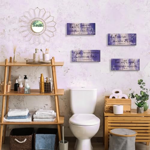 4 Pieces Purple Bathroom Decor Bible Verses Wooden Wall Decor Abstract Office Christian Religious Art for Women Office Home Bedroom Living Room Decoration (4 Count)