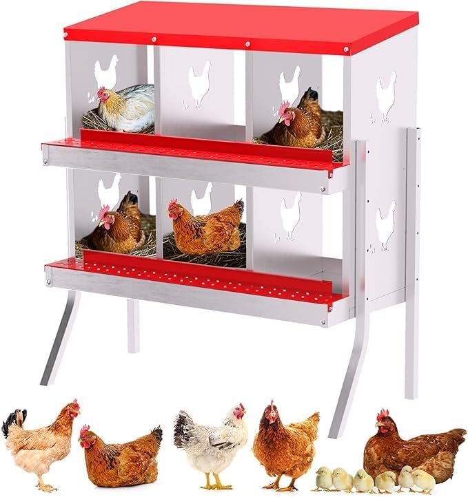 Chicken Nest Box, 6-Compartment Egg-Laying Box, Metal Hen House, Convenient for Collecting Eggs - Ventilated Poultry House Equipment - Suitable for Hens, Ducks Red,with Stand