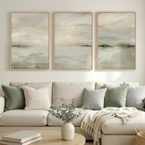Large Framed Sage Green Abstract Landscape Wall Art for Living Room (3 Count)