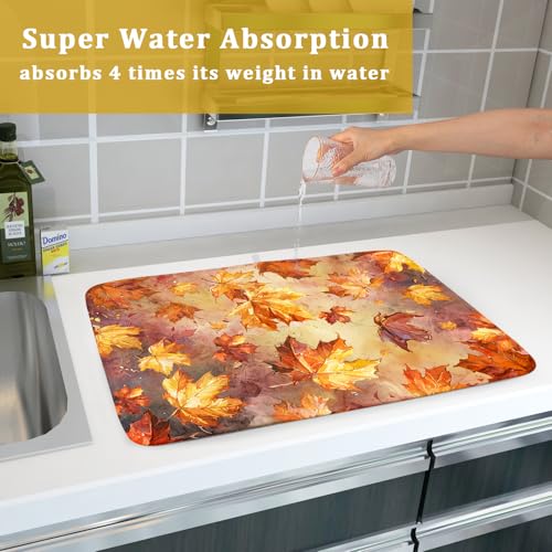 Fall Dish Drying Mat for Kitchen Counter Watercolor Maple Leaves Super Absorbent Reversible Microfiber Kitchen Countertop Protector Dishes Pad Large 18x24 inch