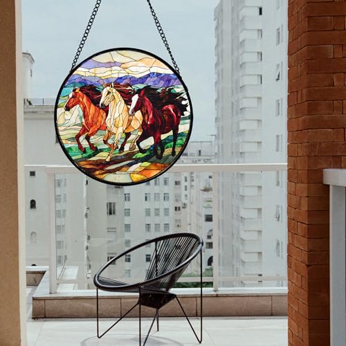 Running Horses Stained Glass Window Hanging Suncatcher Gift for Women 12"