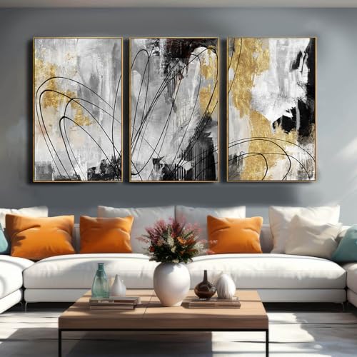 Gold Wall Art Abstract Wall Art Living Room Decor Black and White Canvas Picture Home Decor Wooden Frame Line Paintings Modern Artwork Office Decor 24"x 36"x 3 Pieces (3 Count)