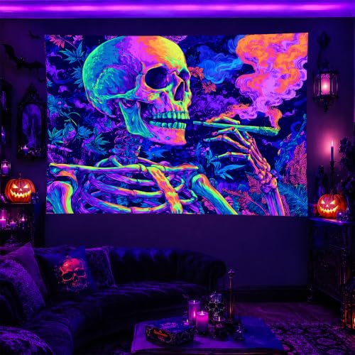 Blacklight Tapestry Smoking Skeleton UV Backdrop 78 x 59 Inch