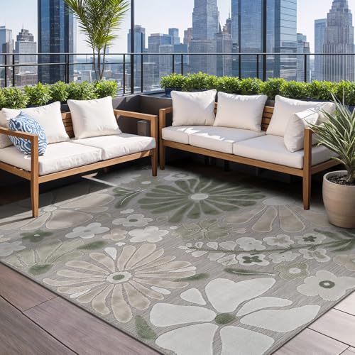 Outdoor Rug 10x14 Large Modern Floral Tropical Area Rugs for Outdoor and Indoor Patio Easy to Clean Non Shedding Living Room Porch Garden Washable Outside Carpet