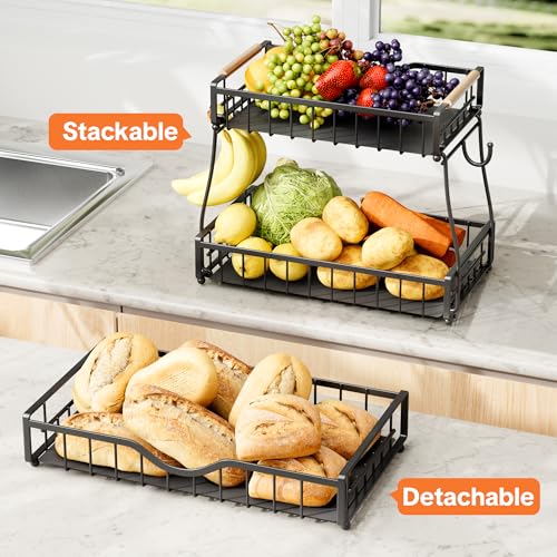 3 Tier Fruit Basket for Kitchen Countertop with 2 Banana Hangers