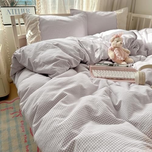 Purple Gingham Comforter Set Queen Romantic Lace Style Checkered Pattern Comforter Set Farmhouse Purple Grid Plaid Bedding Comforter Queen Fluffy Soft Lightweight Gingham Bedding Set