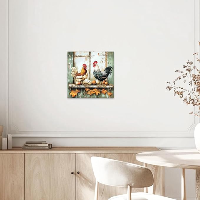 CCWORKERRY Chicken Kitchen Pictures Wall Art Rooster and Eggs Canvas Prints Farm Animals Wall Decor for Farmhouse Dining Room Decor Framed(Green,28" x 28")