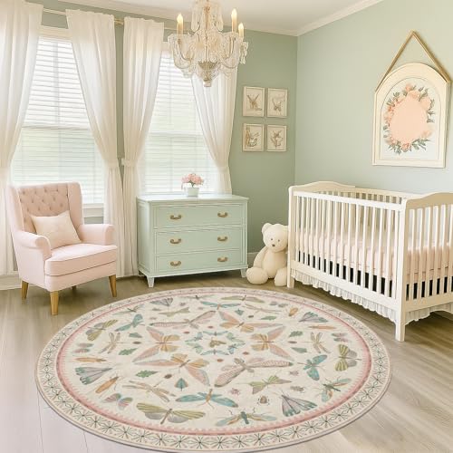 Pink Cute Butterfly 6ft Round Soft Rugs for Girls Bedroom Beside Bed (36 Sq Ft)